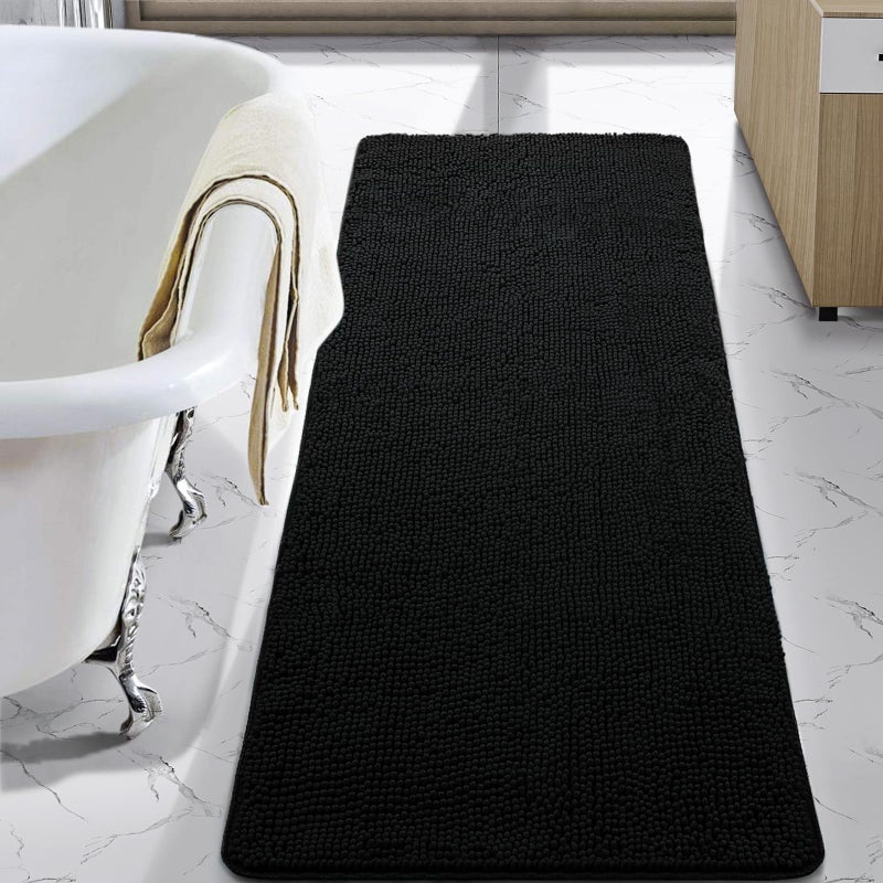 LOCHAS Luxury Bathroom Rug Shaggy Bath Mat 24 x 60 Inch, Washable Non Slip Bath Rugs for Bathroom Shower, Soft Plush Chenille Absorbent Carpets Mats, Black - Image 1
